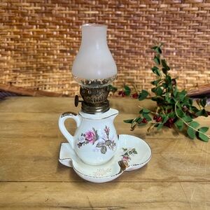 Vintage finger hold oil lamp pink flower Japan small mini decor cottage